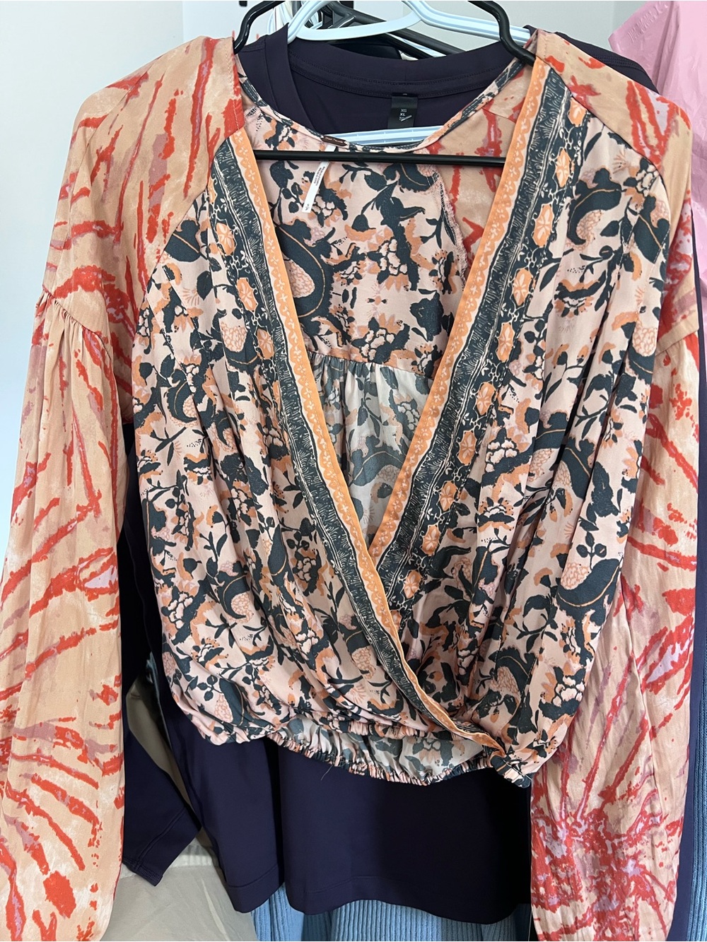 FREE PEOPLE Floral Wrap Peasant Top in Peach and Black
